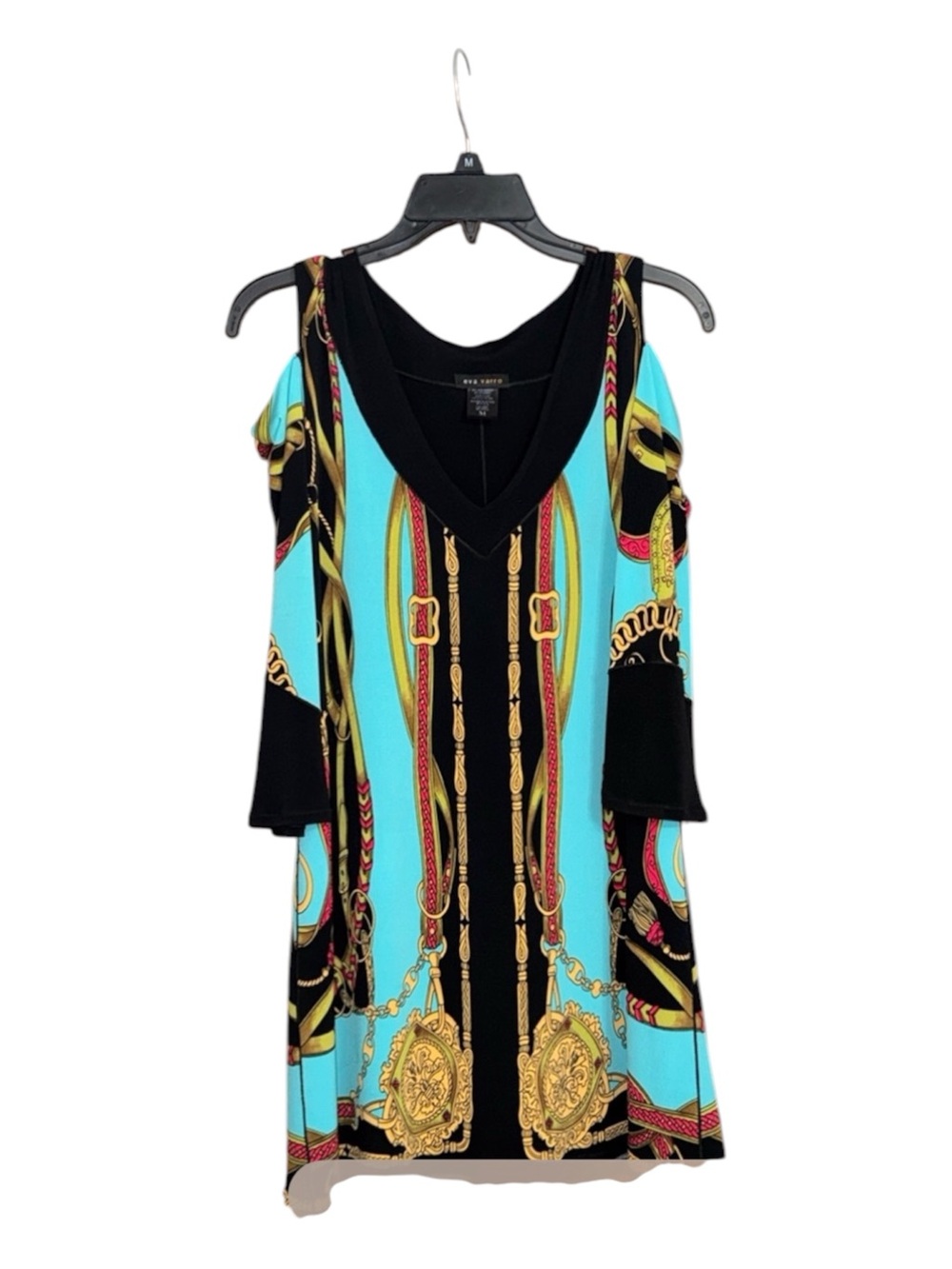 Turquoise & Black Cold-Shoulder V-Neck Tunic with Gold Chain Print